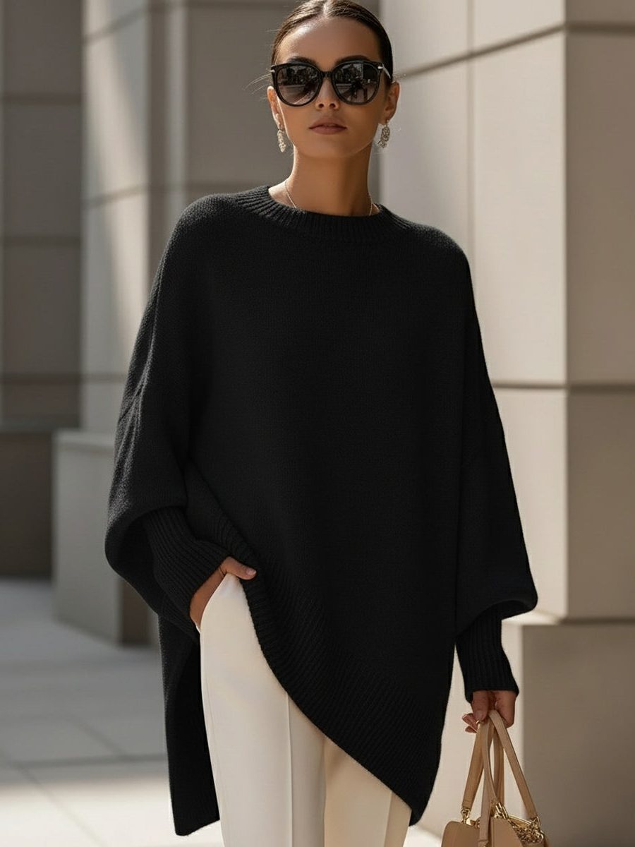Women's Oversized Knit Poncho Jumper with Batwing Sleeves