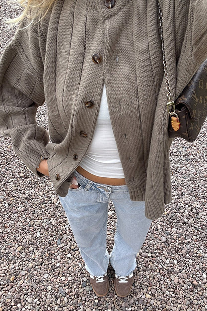 Women's Oversized Ribbed Crew Neck Cardigan