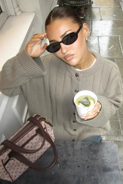 Women's Oversized Ribbed Crew Neck Cardigan