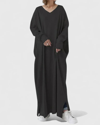 Women's Oversized Ribbed Maxi Jumper Dress with V Neck