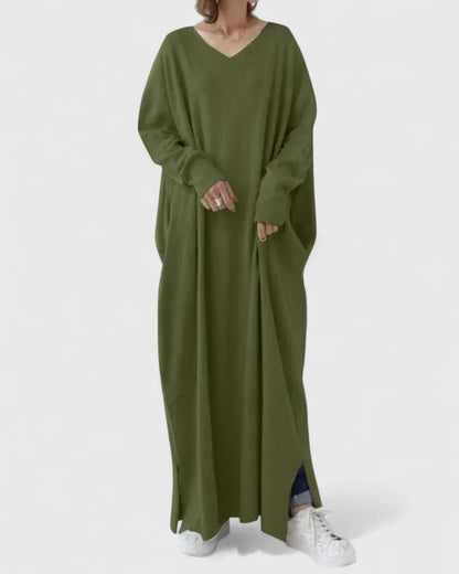 Women's Oversized Ribbed Maxi Jumper Dress with V Neck