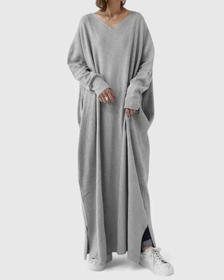 Women's Oversized Ribbed Maxi Jumper Dress with V Neck