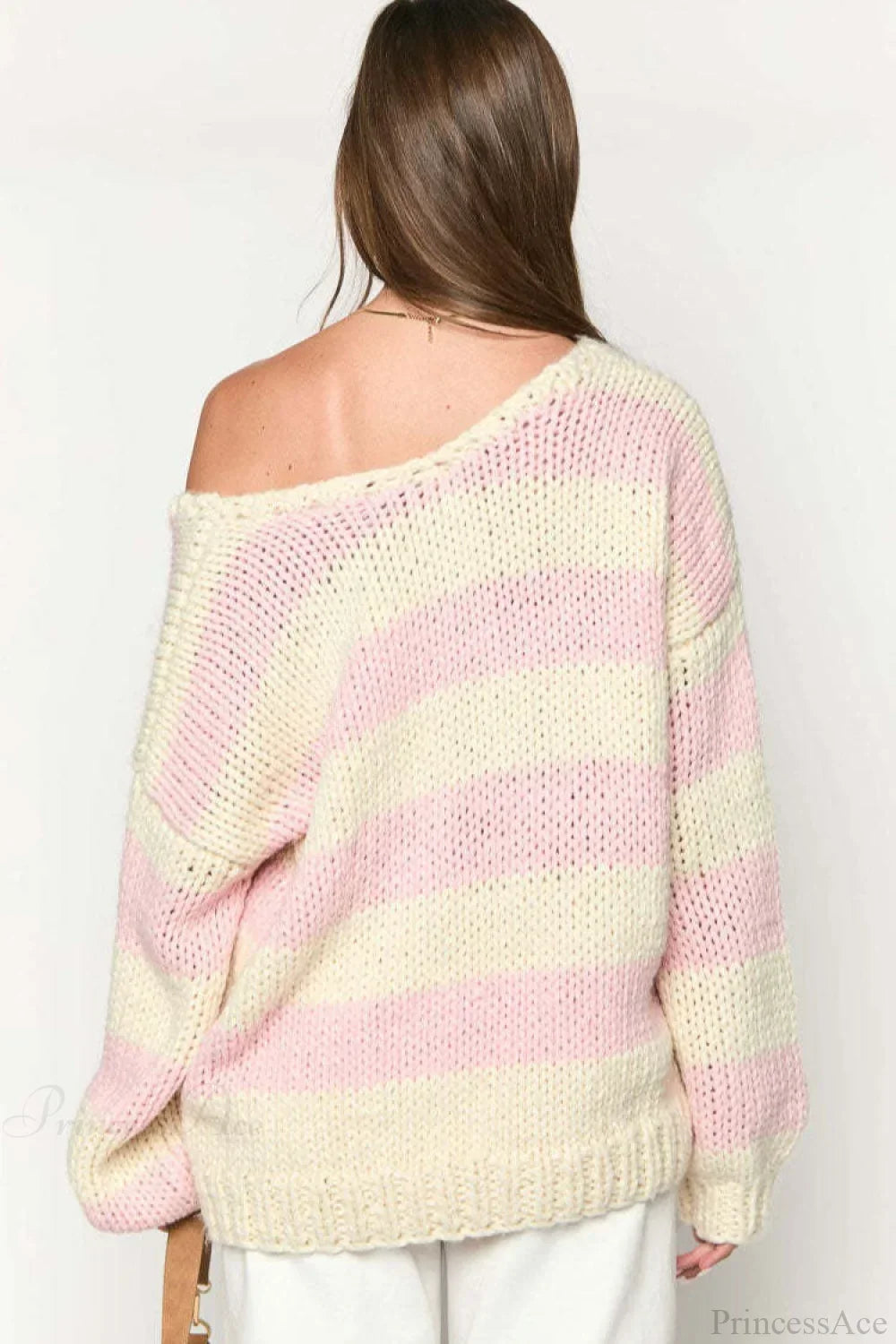 Women's Oversized Striped Boat Neck Chunky Knit Jumper