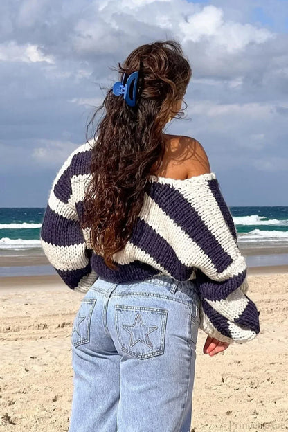 Women's Oversized Striped Boat Neck Chunky Knit Jumper
