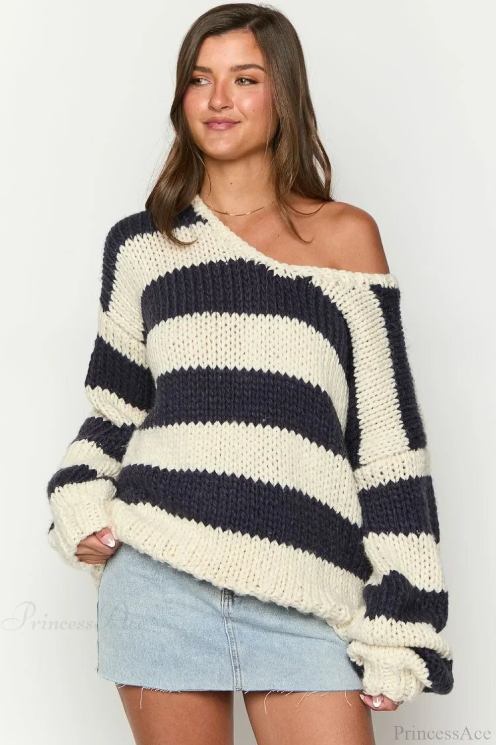 Women's Oversized Striped Boat Neck Chunky Knit Jumper