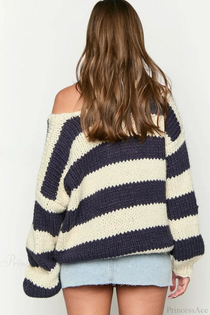 Women's Oversized Striped Boat Neck Chunky Knit Jumper