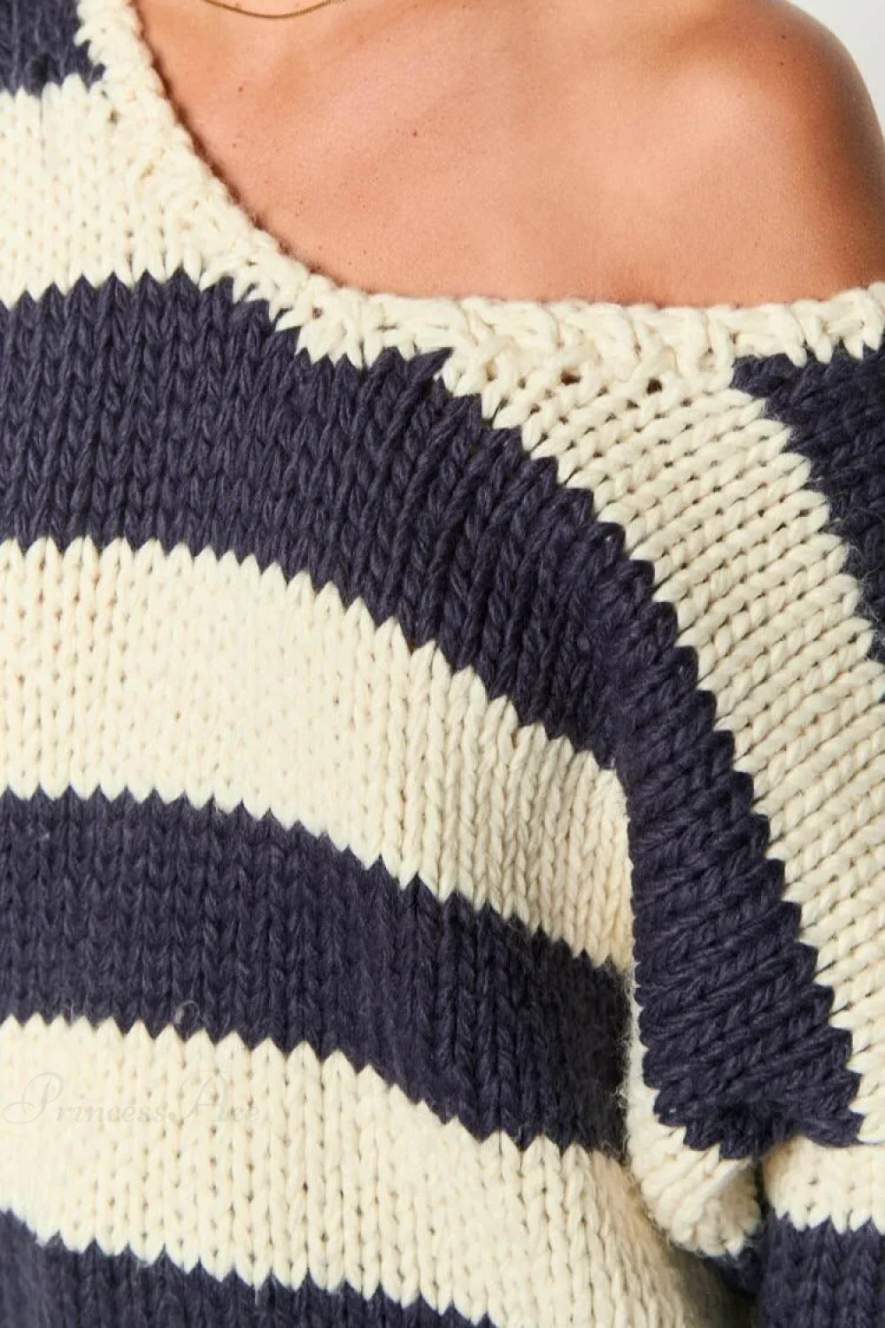 Women's Oversized Striped Boat Neck Chunky Knit Jumper
