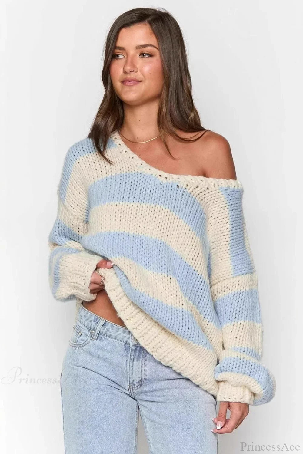 Women's Oversized Striped Boat Neck Chunky Knit Jumper
