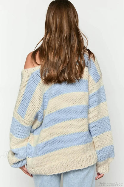 Women's Oversized Striped Boat Neck Chunky Knit Jumper
