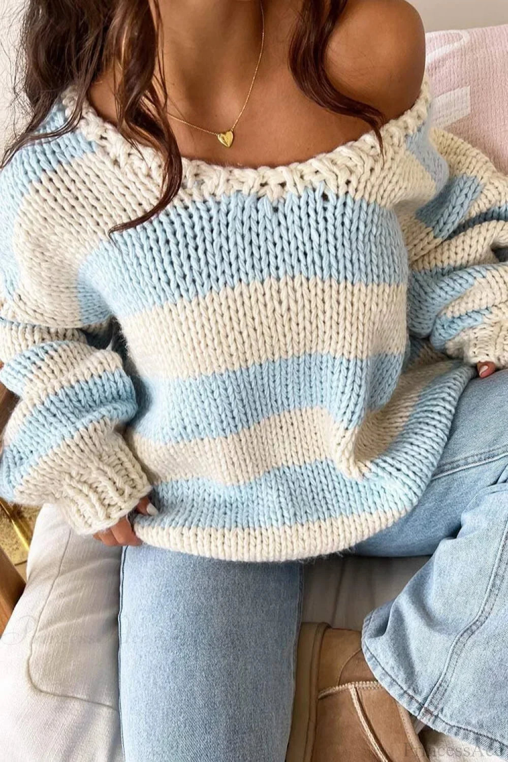Women's Oversized Striped Boat Neck Chunky Knit Jumper