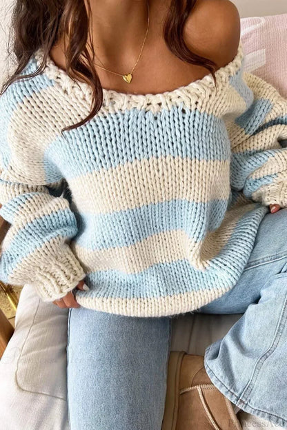 Women's Oversized Striped Boat Neck Chunky Knit Jumper
