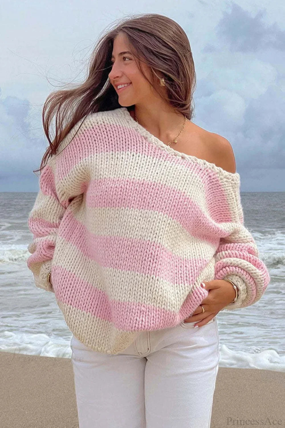 Women's Oversized Striped Boat Neck Chunky Knit Jumper
