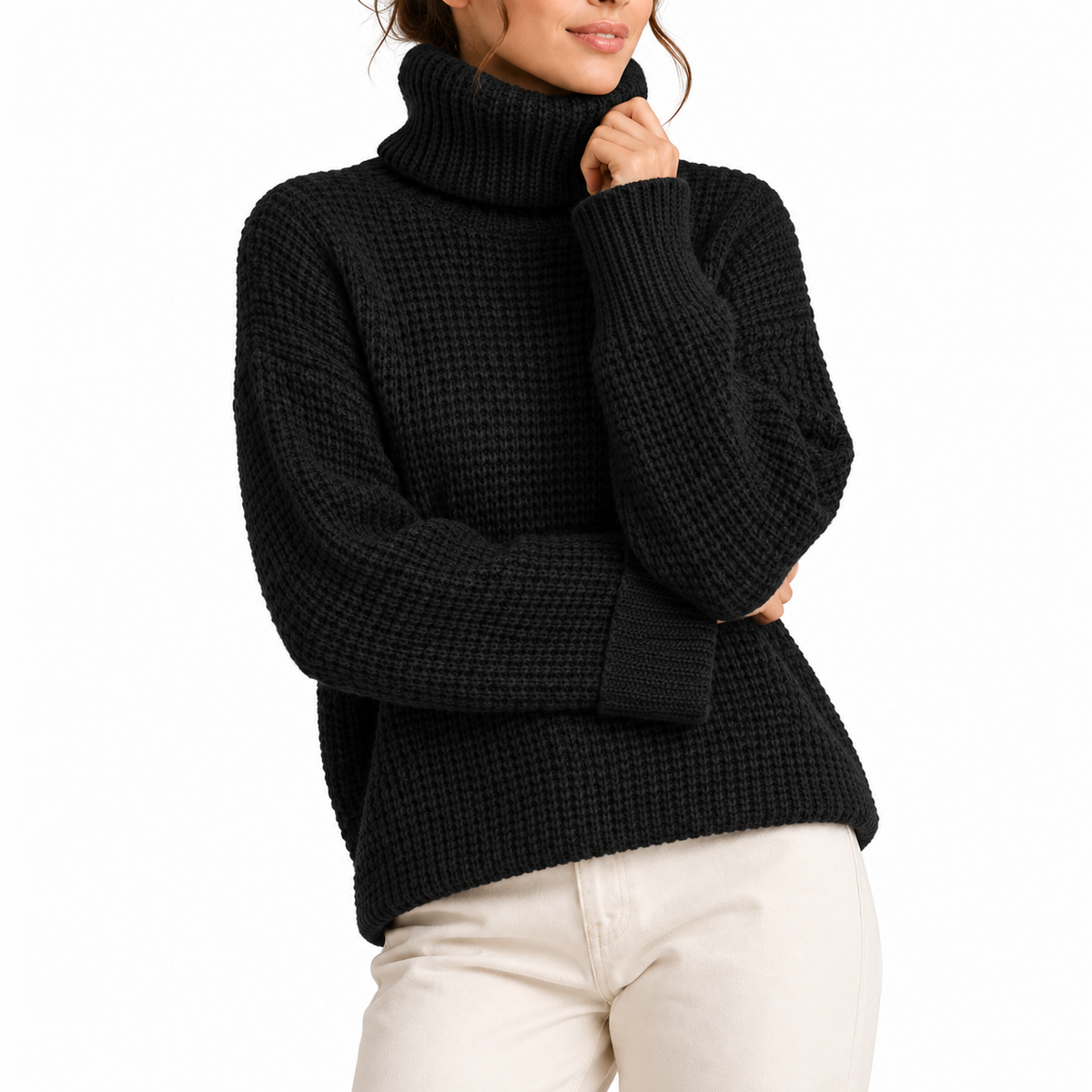Women's Oversized Turtleneck Jumper with Waffle Knit Texture