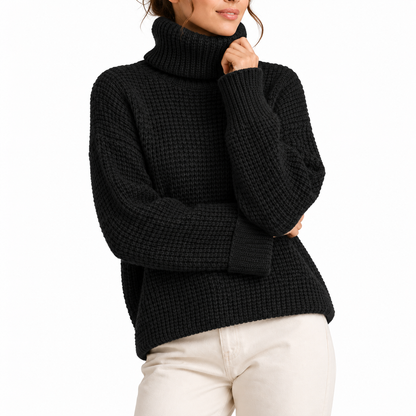 Women's Oversized Turtleneck Jumper with Waffle Knit Texture