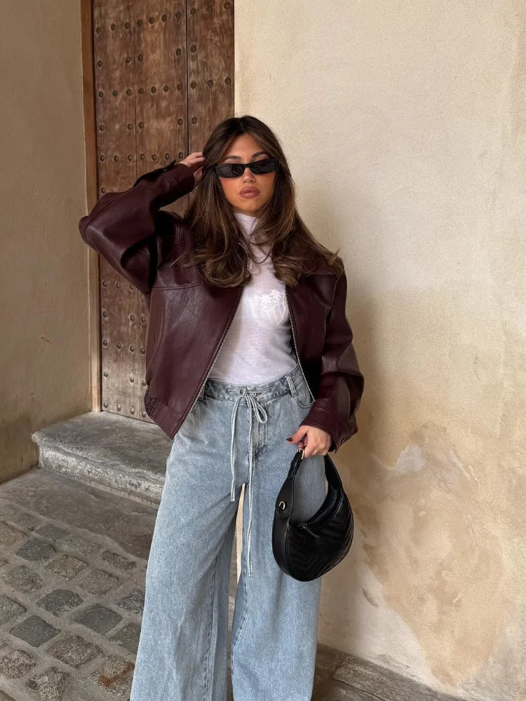 Women's Oversized Waist Length Faux Leather Jacket