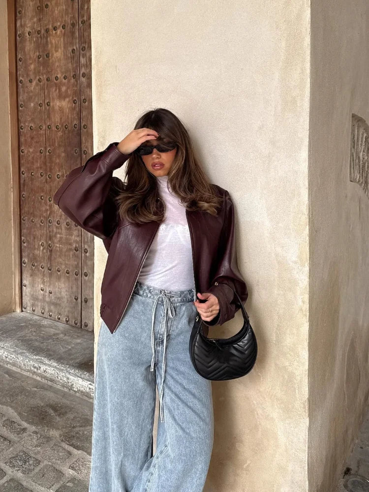 Women's Oversized Waist Length Faux Leather Jacket