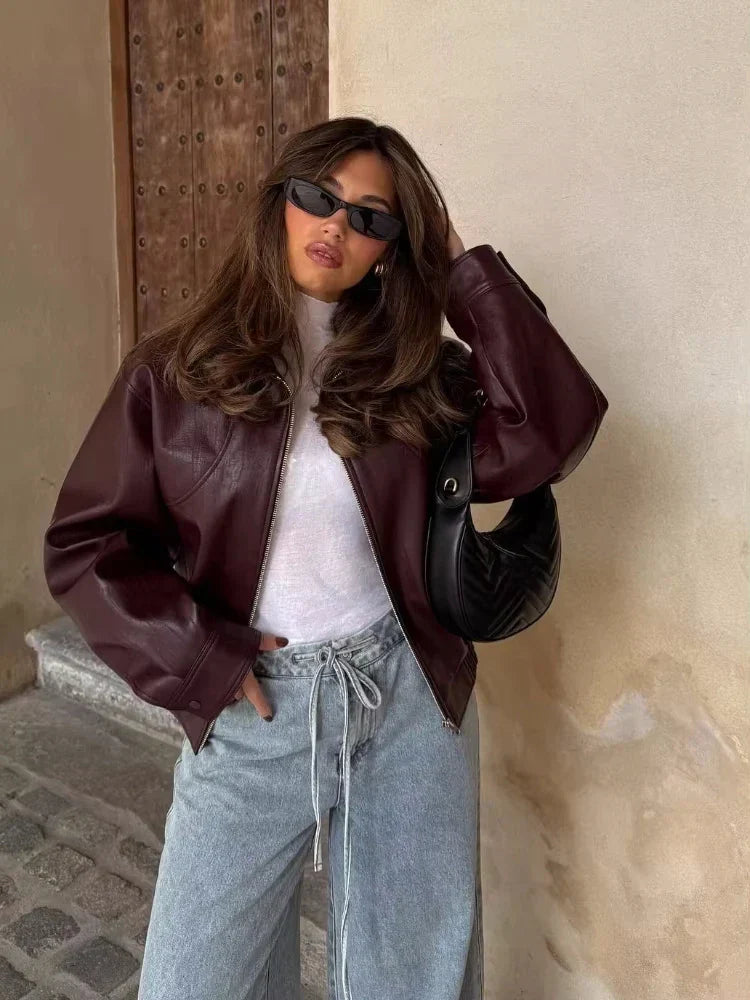 Women's Oversized Waist Length Faux Leather Jacket