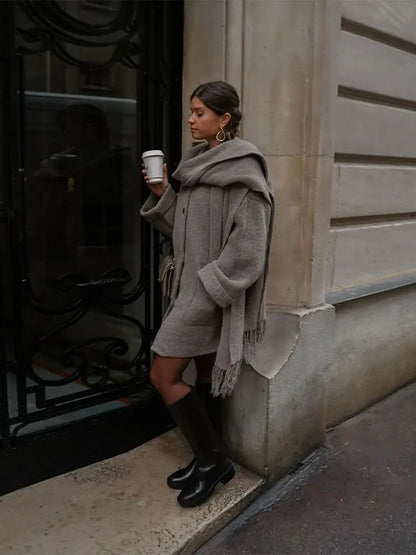 Women's Oversized Wool Blend Scarf Collar Coat