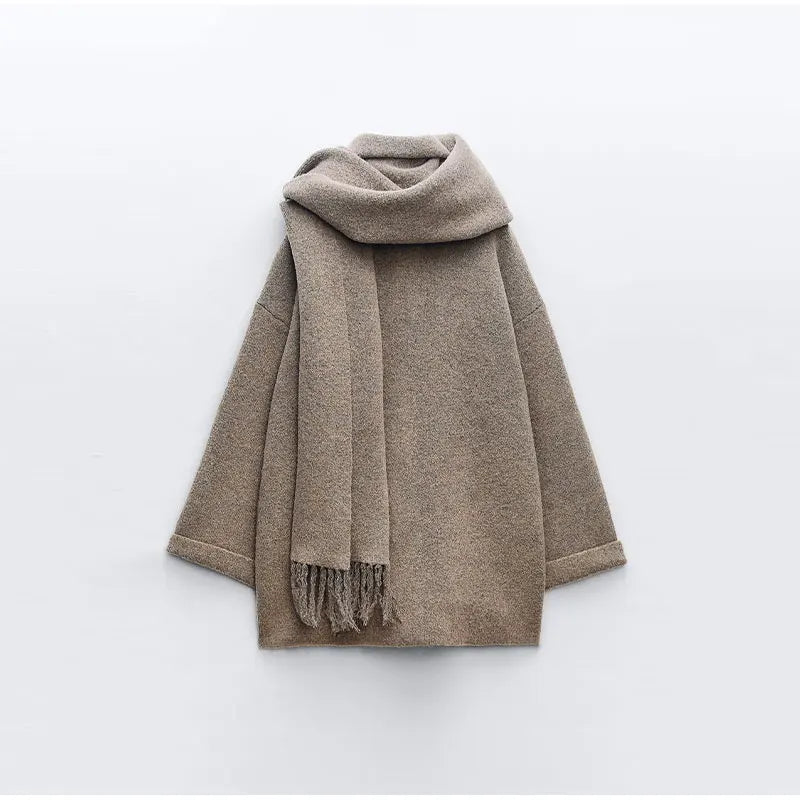 Women's Oversized Wool Blend Scarf Collar Coat