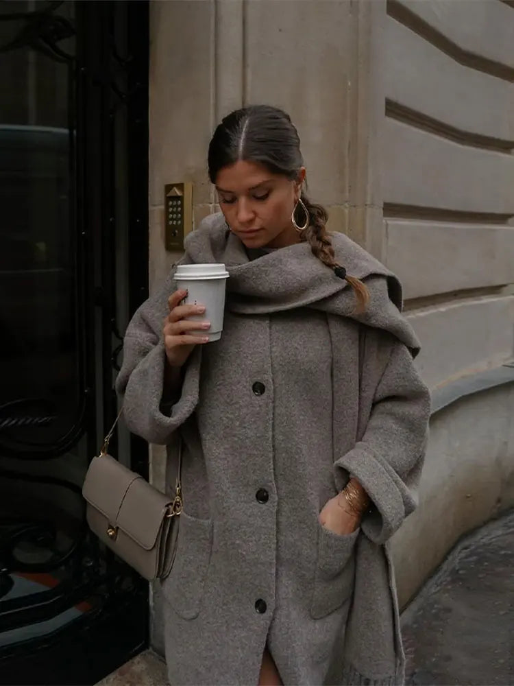 Women's Oversized Wool Blend Scarf Collar Coat