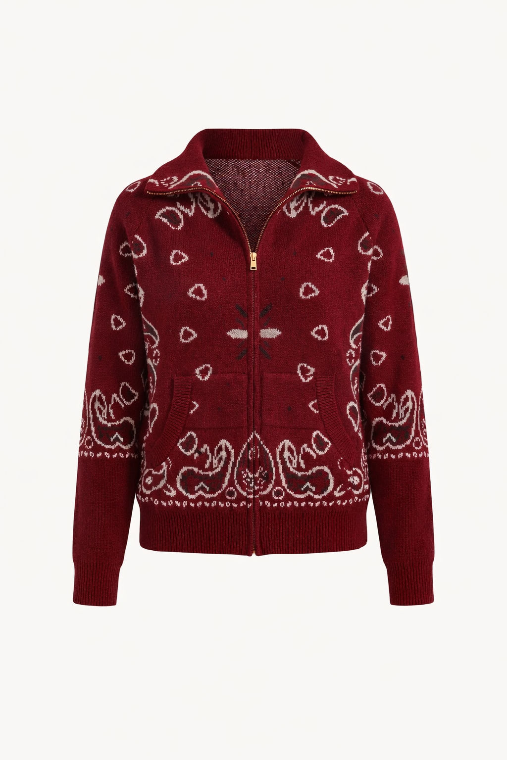 Women's Paisley Print High Collar Zip Cardigan