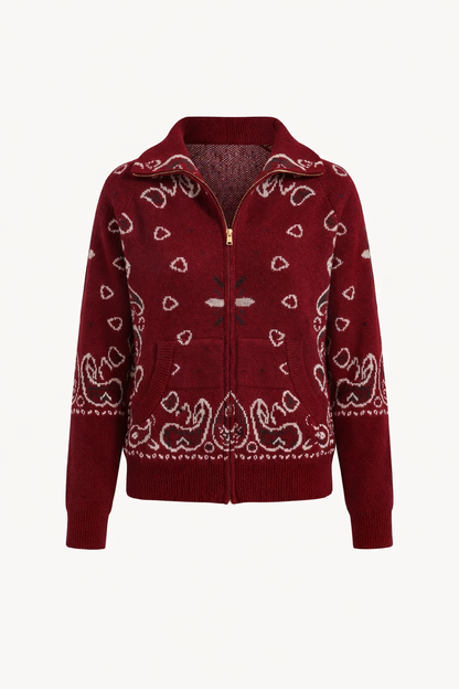 Women's Paisley Print High Collar Zip Cardigan