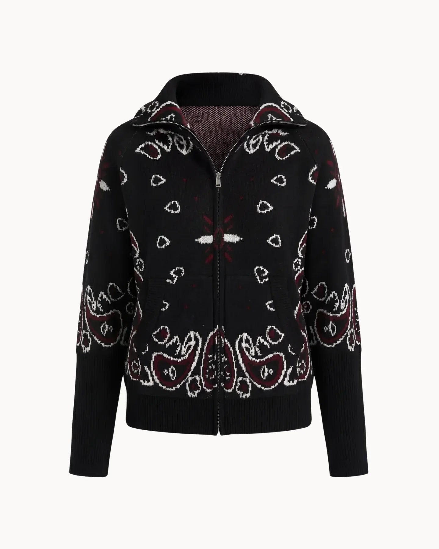 Women's Paisley Print High Collar Zip Cardigan