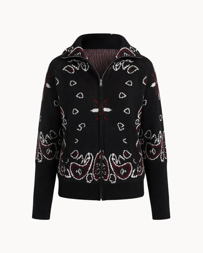 Women's Paisley Print High Collar Zip Cardigan