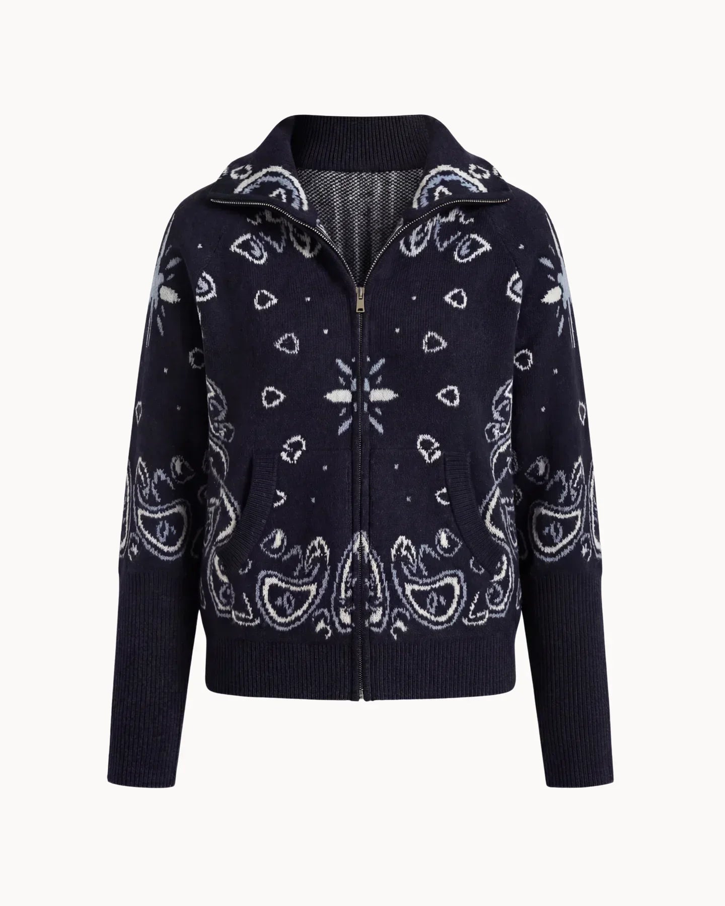 Women's Paisley Print High Collar Zip Cardigan