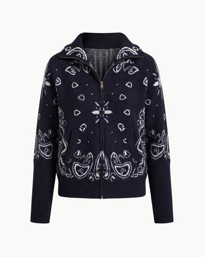 Women's Paisley Print High Collar Zip Cardigan