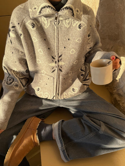 Women's Paisley Print High Collar Zip Cardigan