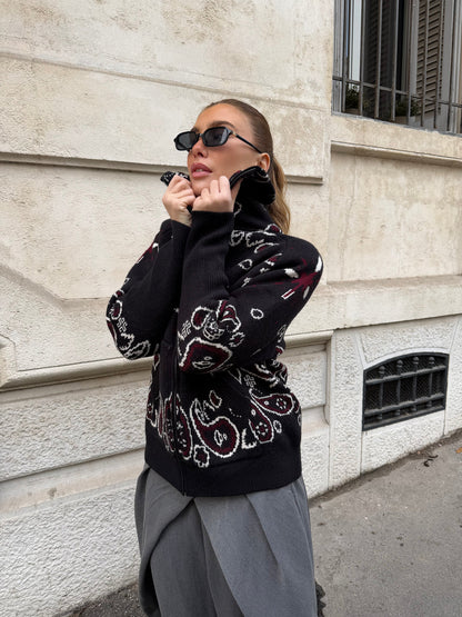 Women's Paisley Print High Collar Zip Cardigan