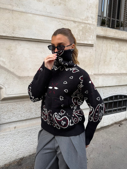 Women's Paisley Print High Collar Zip Cardigan