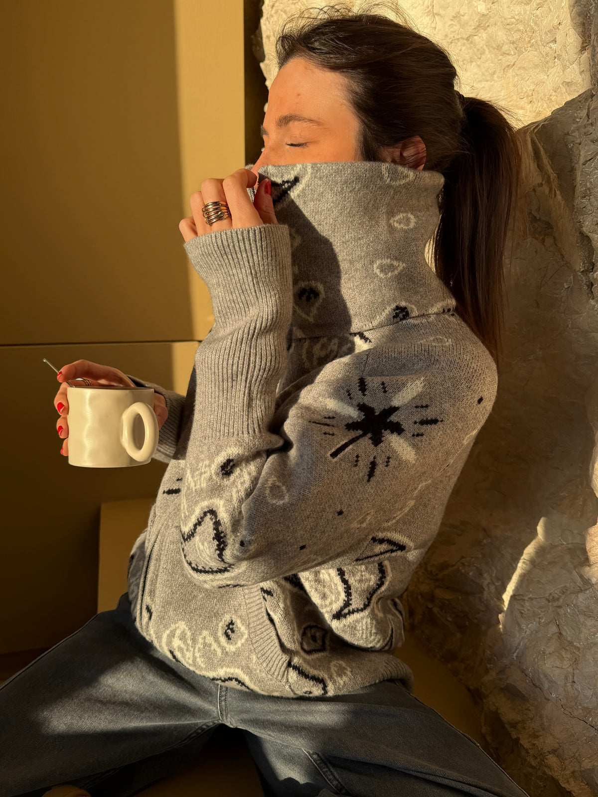 Women's Paisley Print High Collar Zip Cardigan