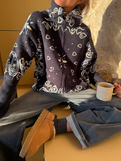 Women's Paisley Print High Collar Zip Cardigan