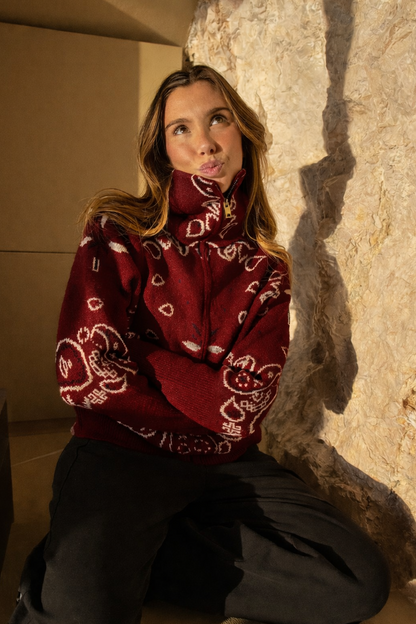 Women's Paisley Print High Collar Zip Cardigan