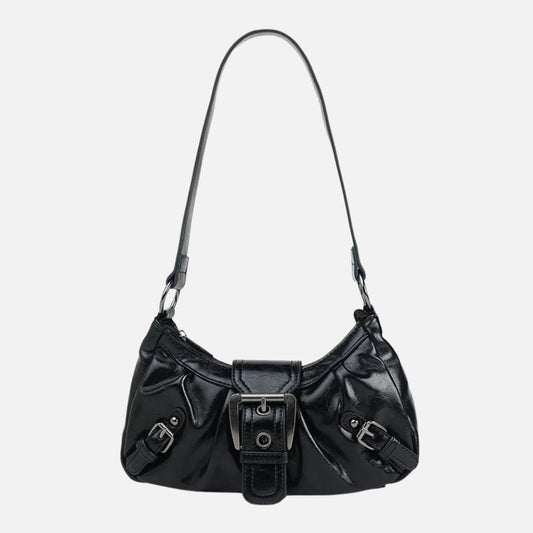 Women's Patent Leather Shoulder Bag with Multi-Buckle Front Detail