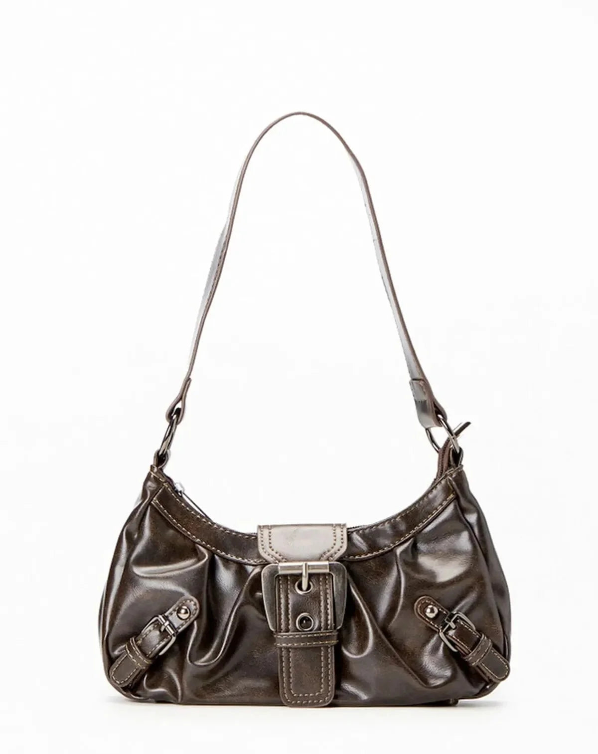 Women's Patent Leather Shoulder Bag with Multi-Buckle Front Detail