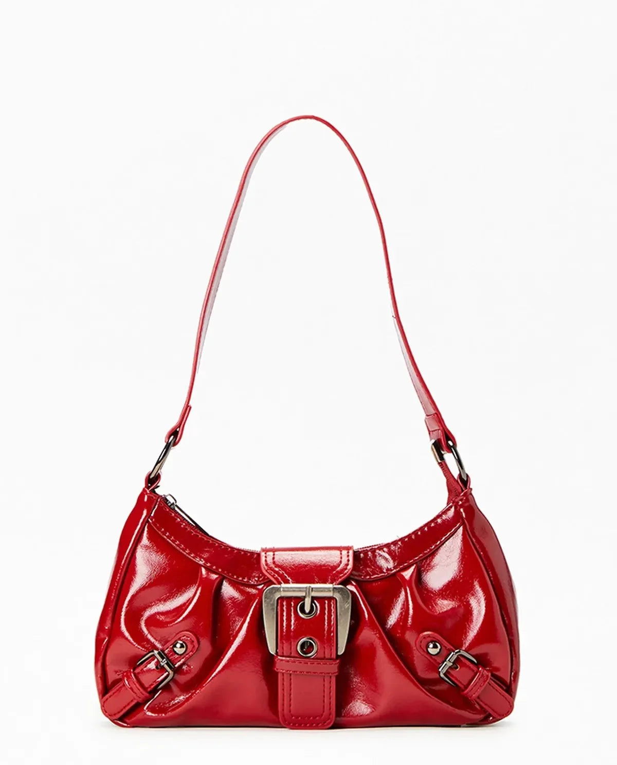 Women's Patent Leather Shoulder Bag with Multi-Buckle Front Detail