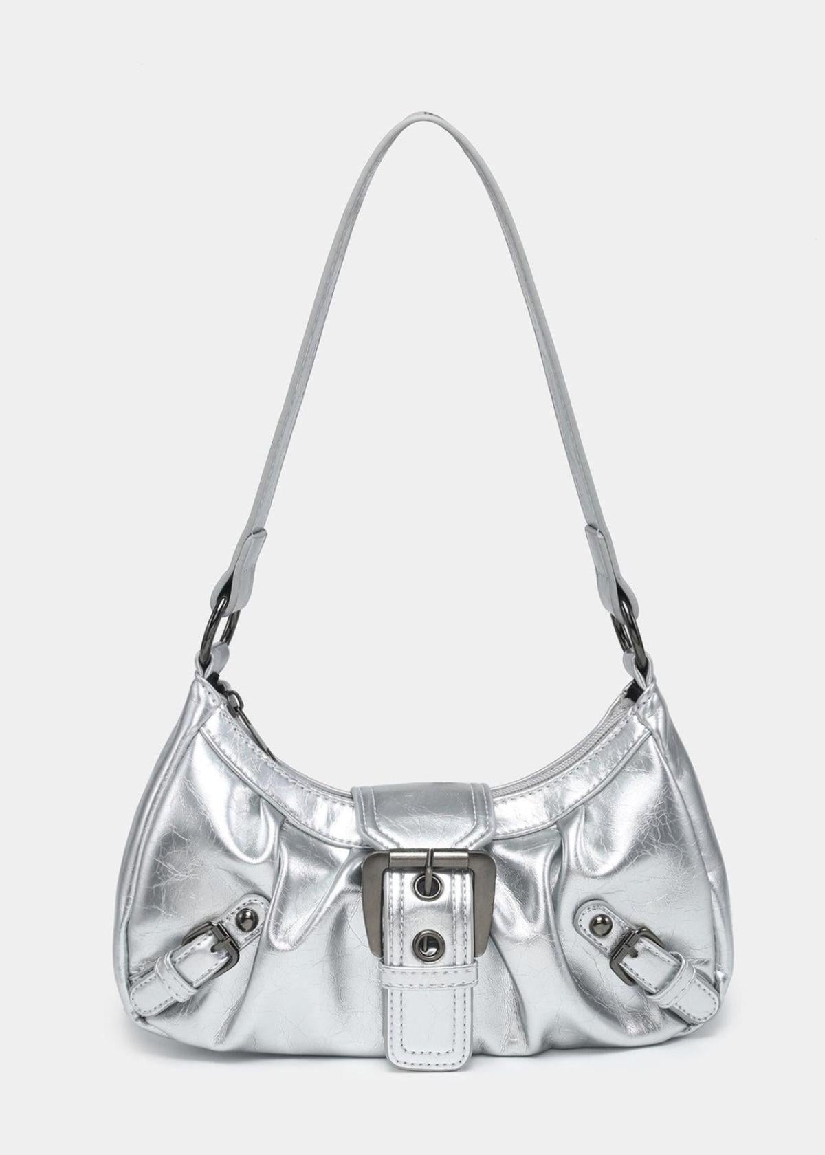 Women's Patent Leather Shoulder Bag with Multi-Buckle Front Detail