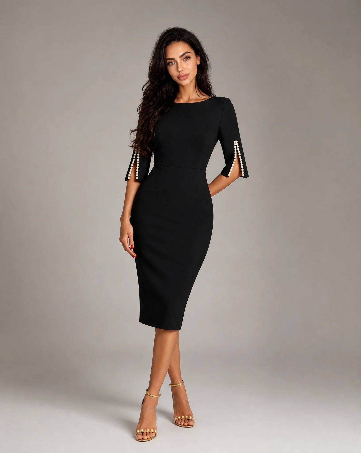 Women's black pearl sleeve midi dress with elegant fitted silhouette for special occasions by ILYNORA