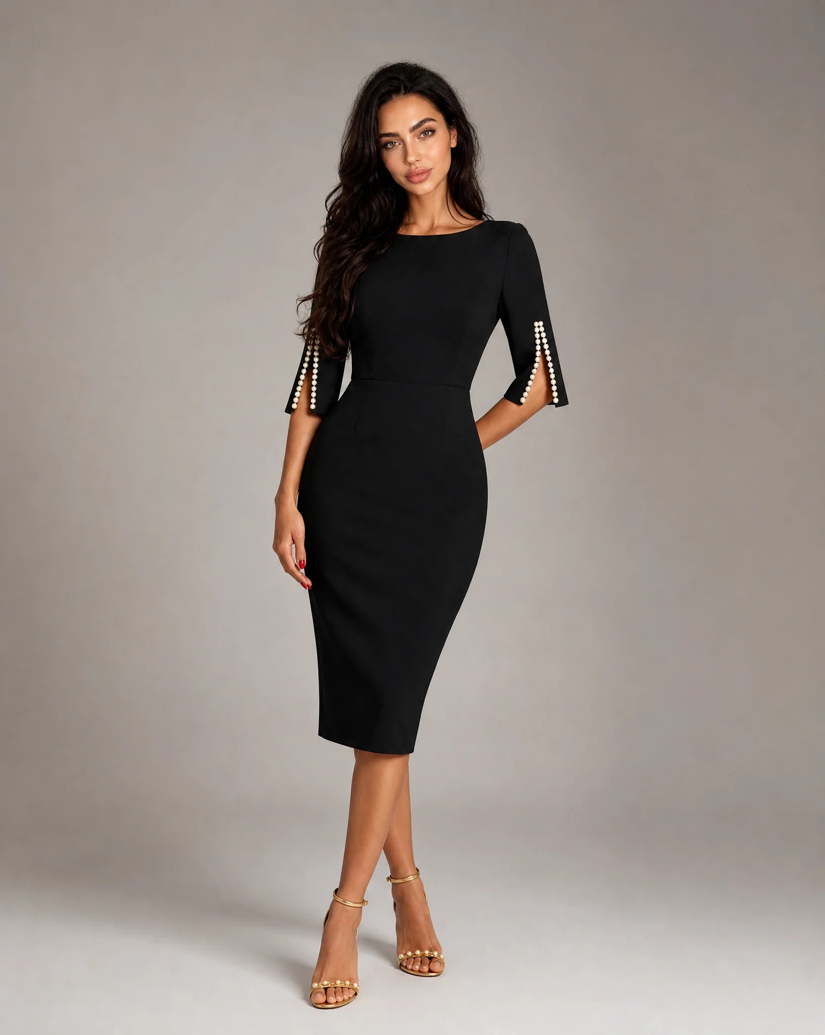 Women's black pearl sleeve midi dress with elegant fitted silhouette for special occasions by ILYNORA