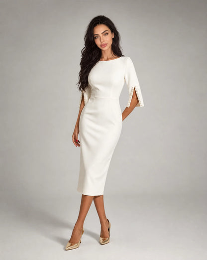 Women's white pearl sleeve midi dress with refined silhouette and sophisticated occasion wear by ILYNORA