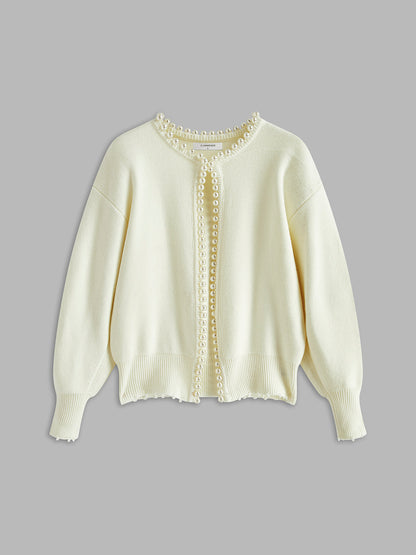Women's Pearl Trim Cardigan with Frayed Hem