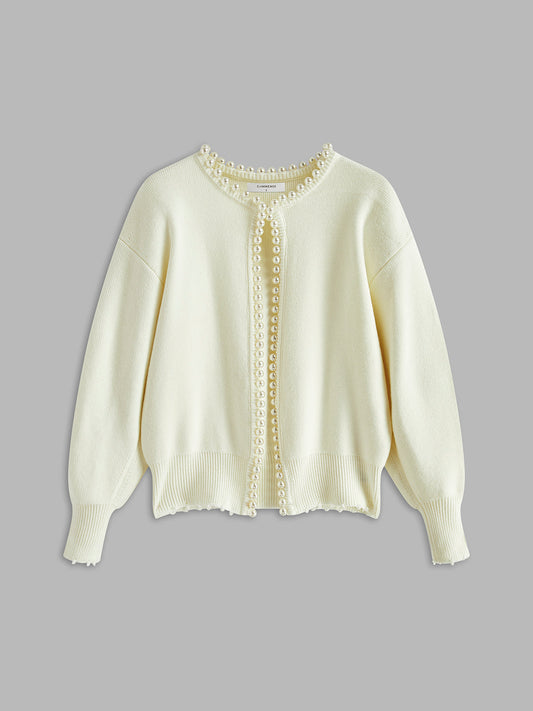 Women's Pearl Trim Cardigan with Frayed Hem