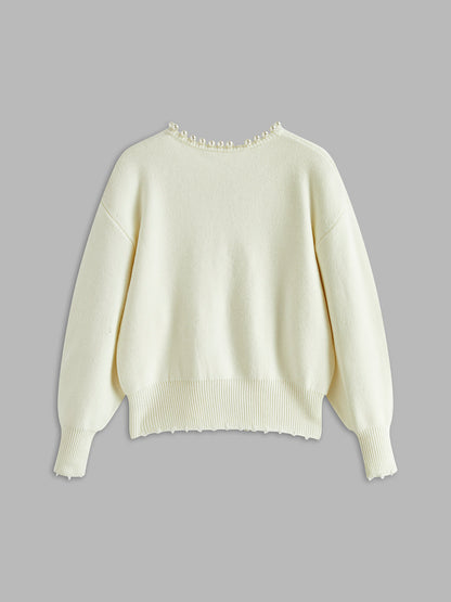 Women's Pearl Trim Cardigan with Frayed Hem