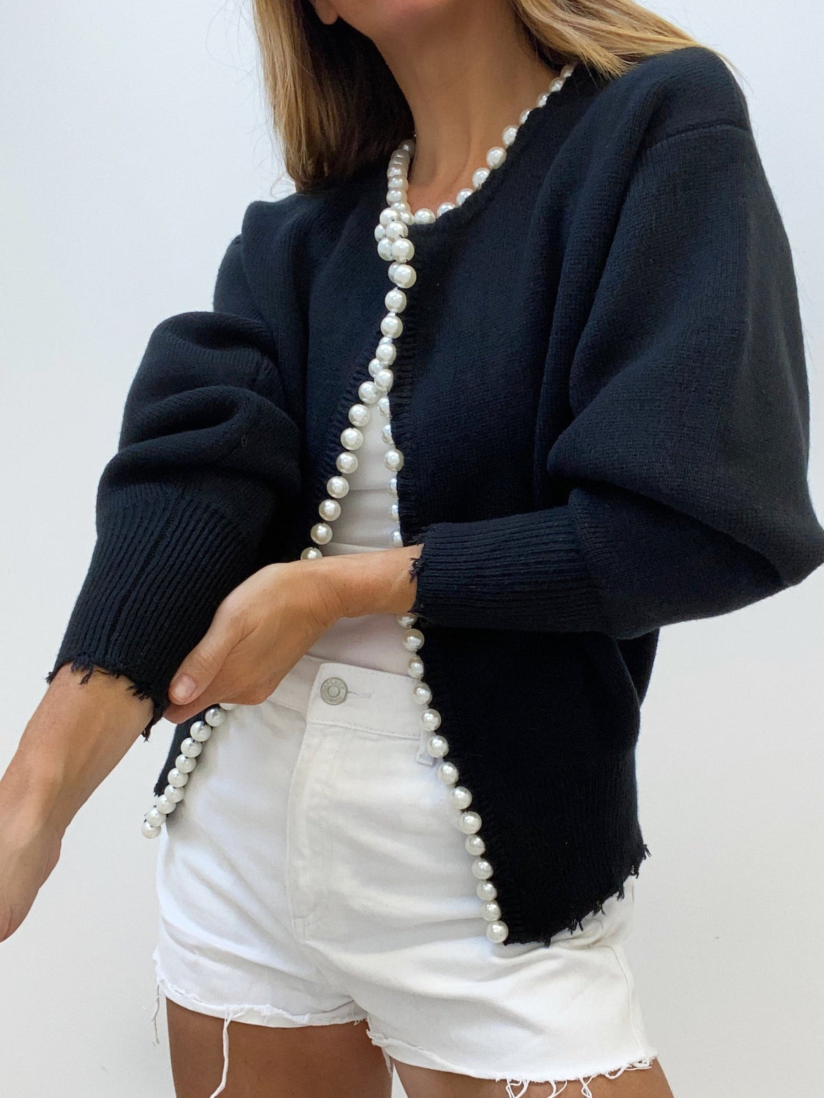 Women's Pearl Trim Cardigan with Frayed Hem