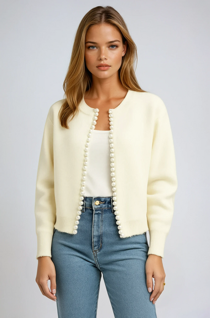 Women's Pearl Trim Cardigan with Frayed Hem