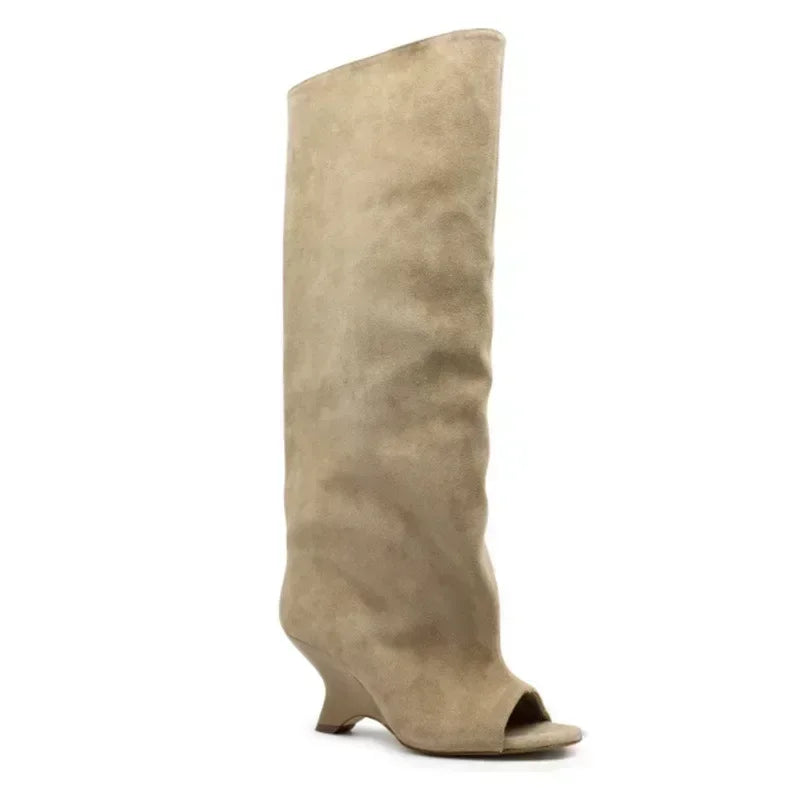 Women's Peep Toe Knee High Block Heel Boots