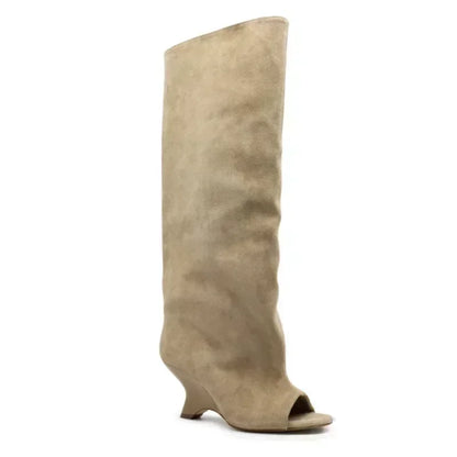 Women's Peep Toe Knee High Block Heel Boots